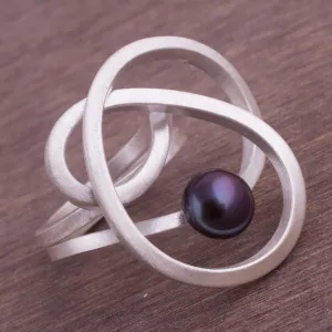 Abstract Style Sterling Silver Grey Pearl Cocktail Ring - Dark Amazon Nest | NOVICA