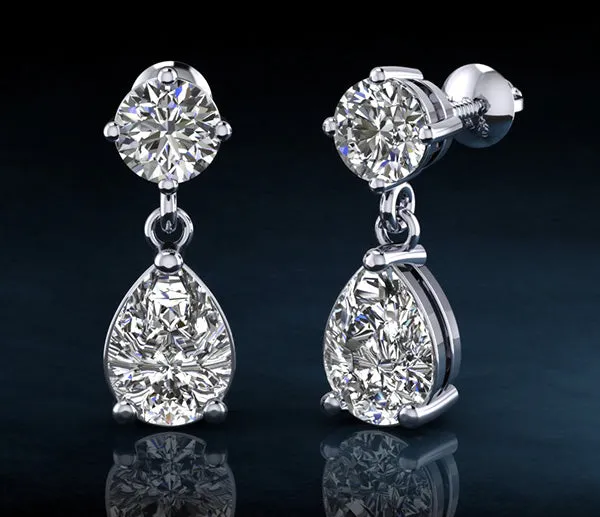 Alluring Round And Pear Shaped Drop Diamond Earrings with 2.60 ct.(finished) 9x6mm, 4.25mm