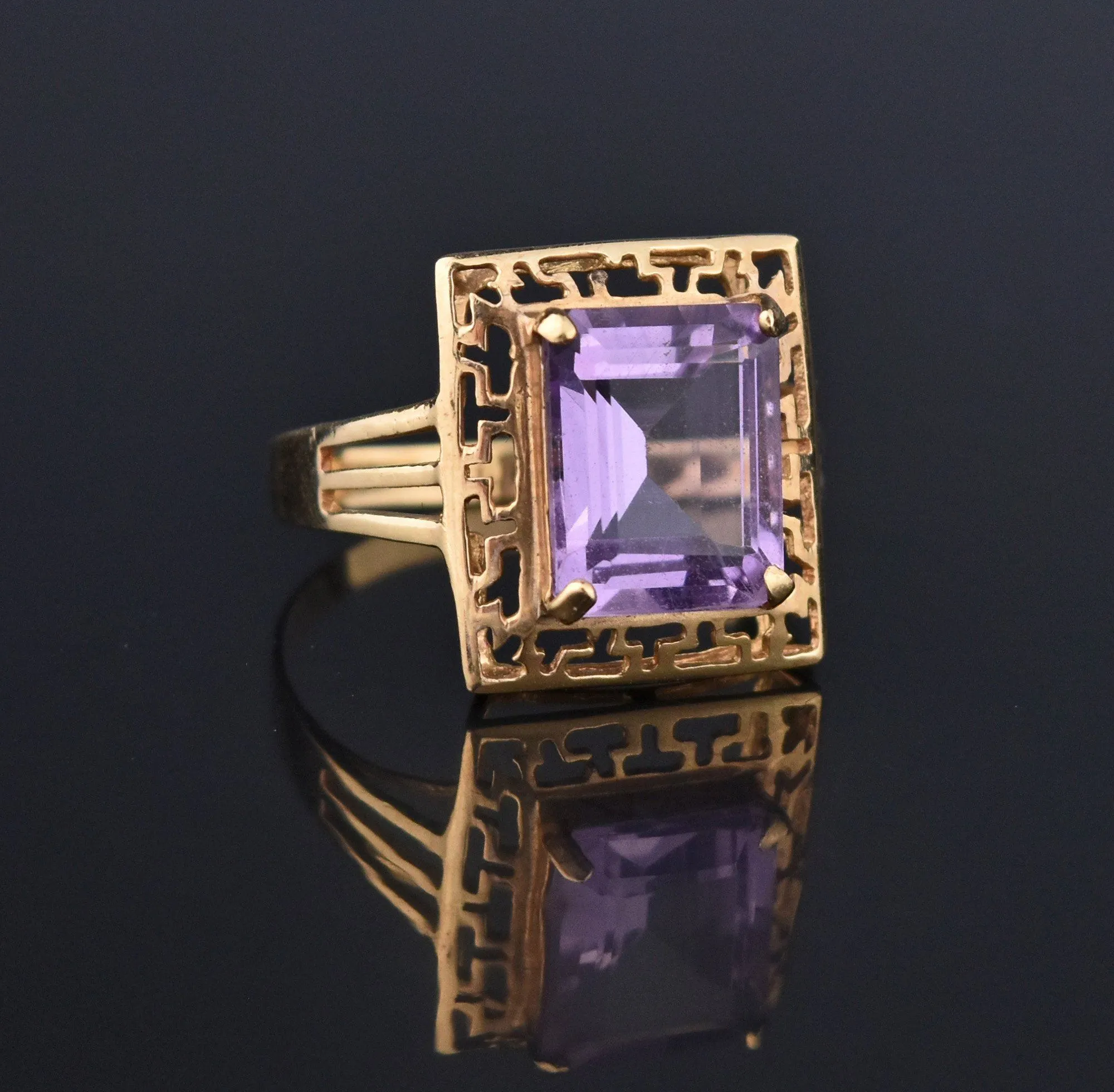 Amethyst Gold Greek Key Pattern Retro Ring