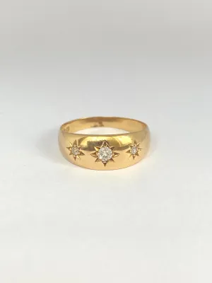 Antique, 18ct Gold, Old Cut Diamond, 3 Star, Gypsy Ring, Hallmarked Birmingham, 1905