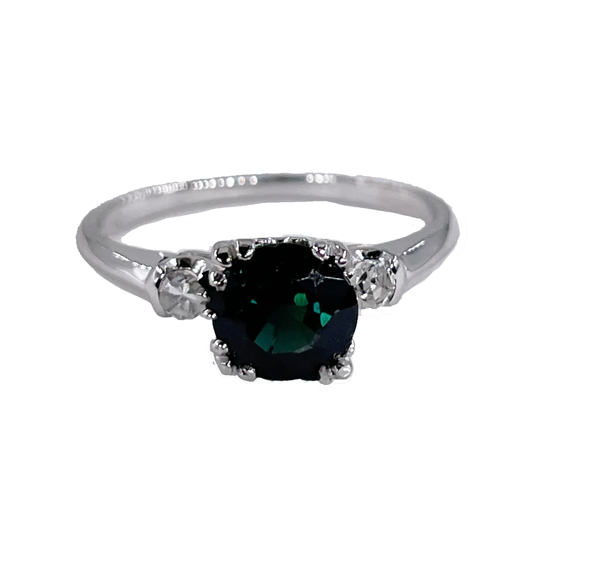 Art Deco 1.34ct Solitaire Round Green Sapphire & Diamond Wedding 18K Vintage Antique Ring