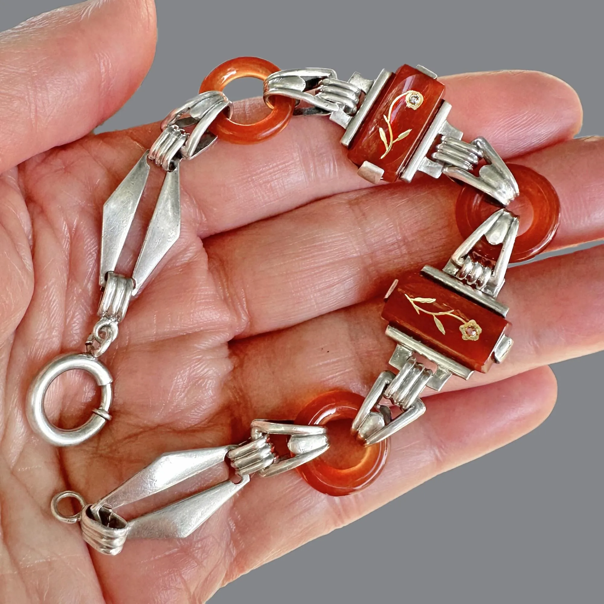 Art Deco Diamond Rose Of Sharon Carnelian Bracelet