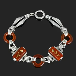 Art Deco Diamond Rose Of Sharon Carnelian Bracelet