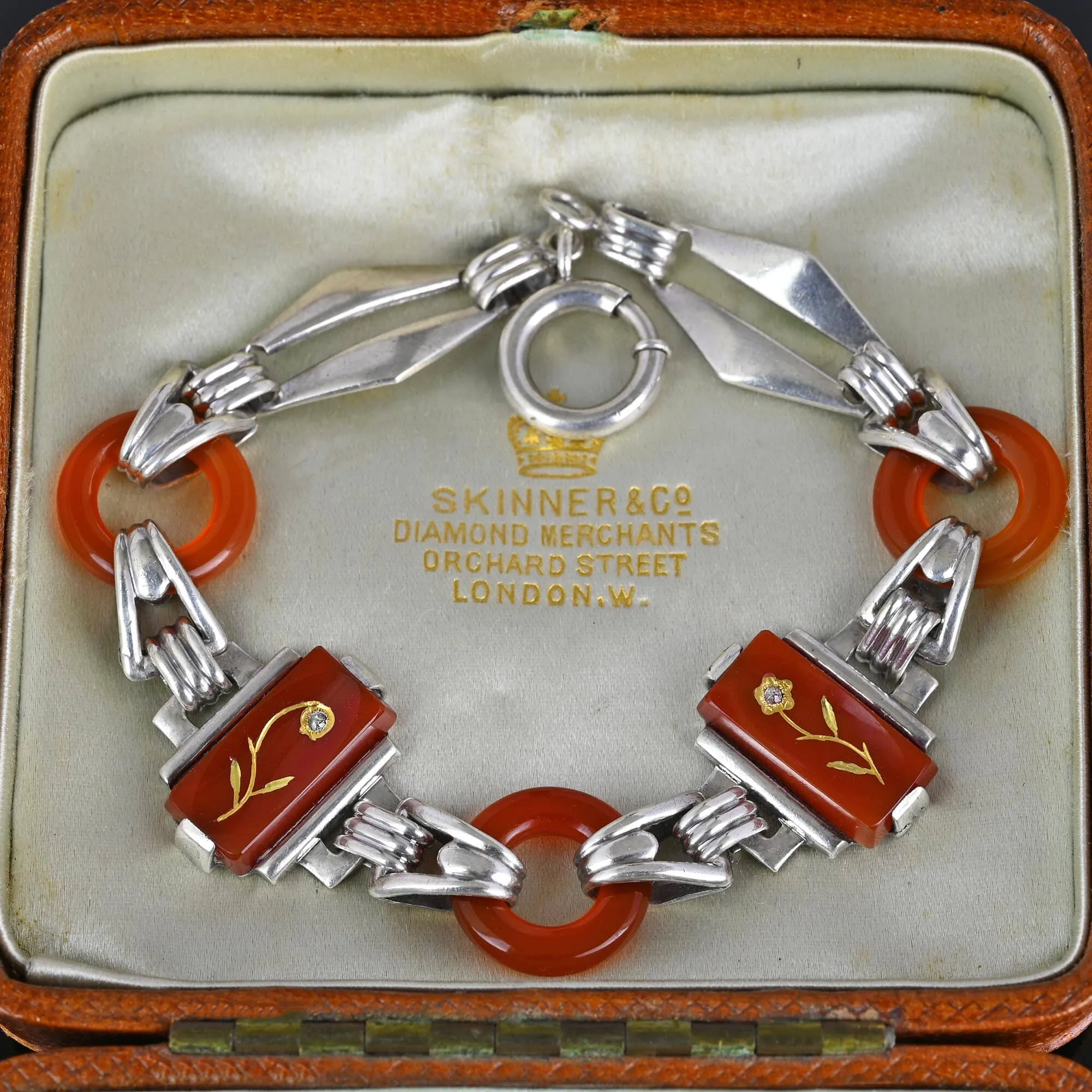 Art Deco Diamond Rose Of Sharon Carnelian Bracelet