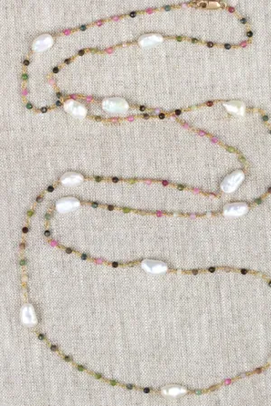 AVF Gold White Pearl & Tourmaline Chain Necklace (SI6741)