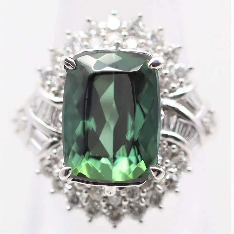 Blue-Green Indicolite Tourmaline Diamond Platinum Cocktail Ring