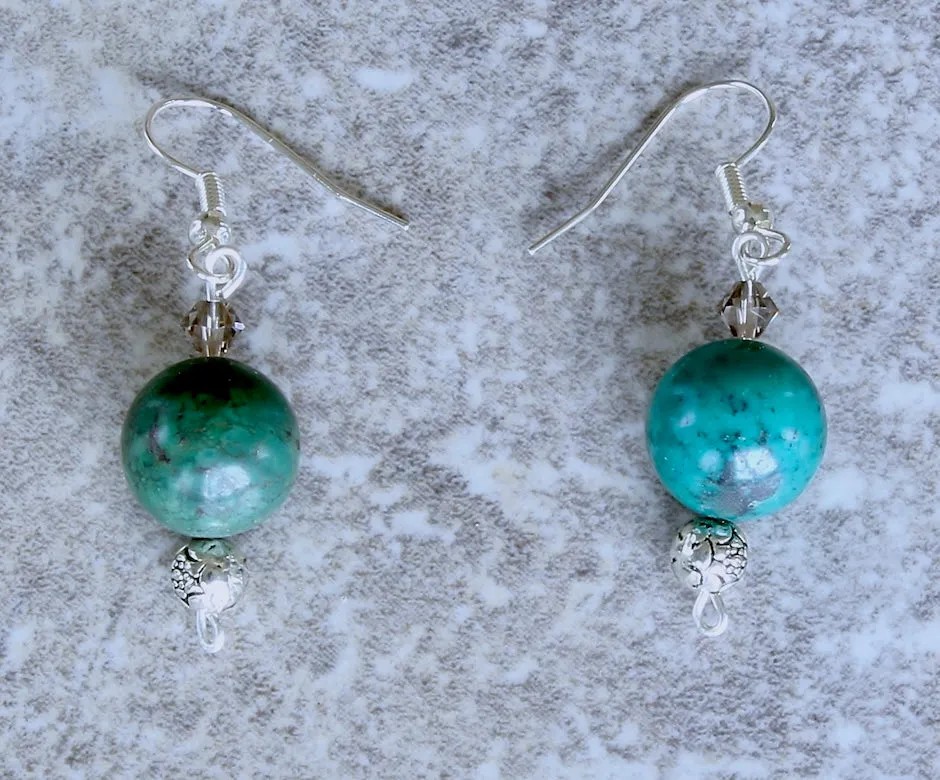 Blue-Green Turquoise Rounds with Ornate Stamped Sterling Silver Rounds, Czech Faceted Glass Bicones, and Sterling Silver Earring Wires