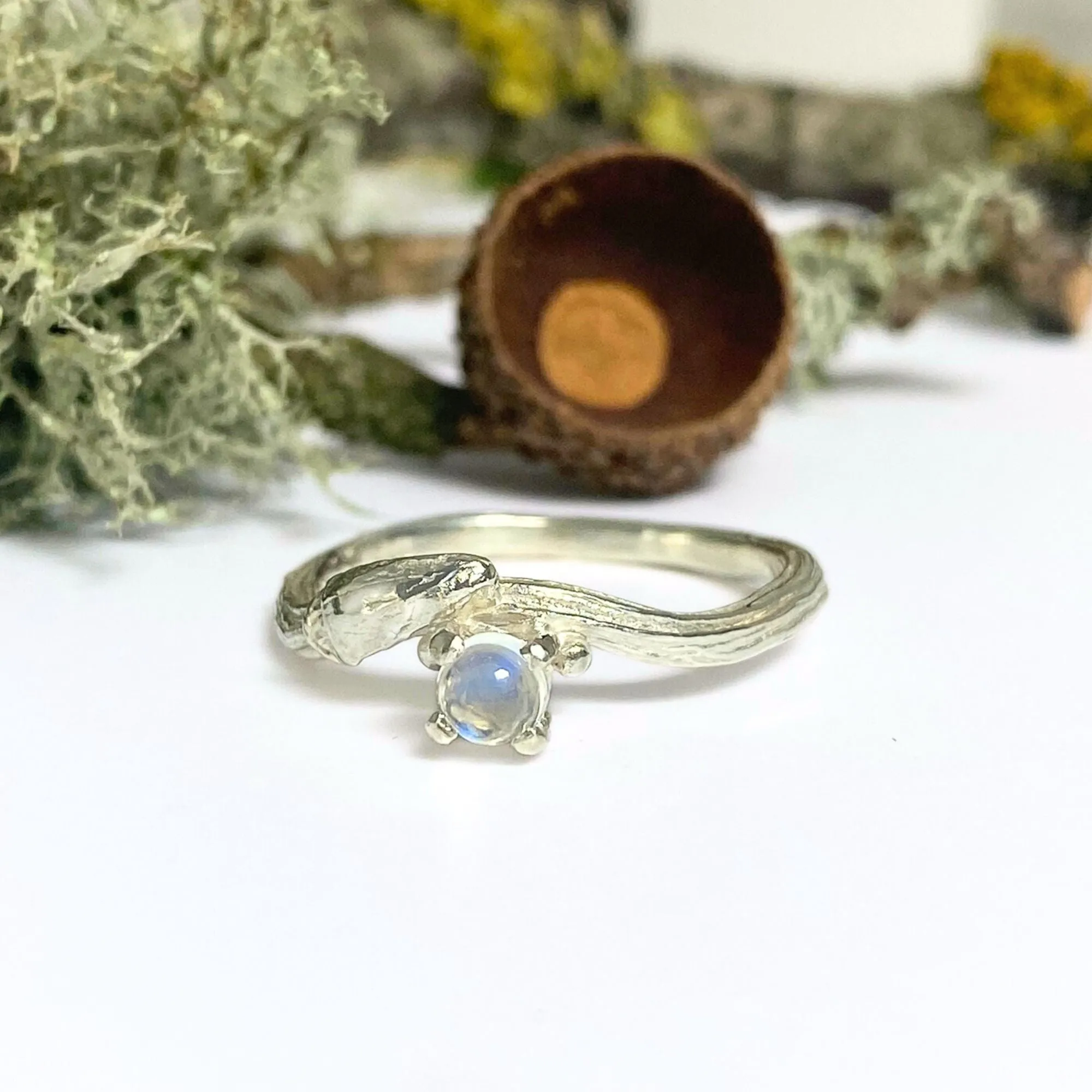 Blue Moonstone Silver Willow Nature Ring