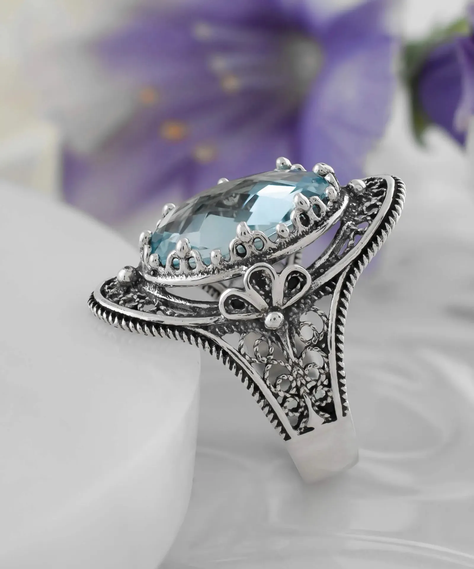 Blue Topaz Gemstone Filigree Art Woman Silver Statement Ring