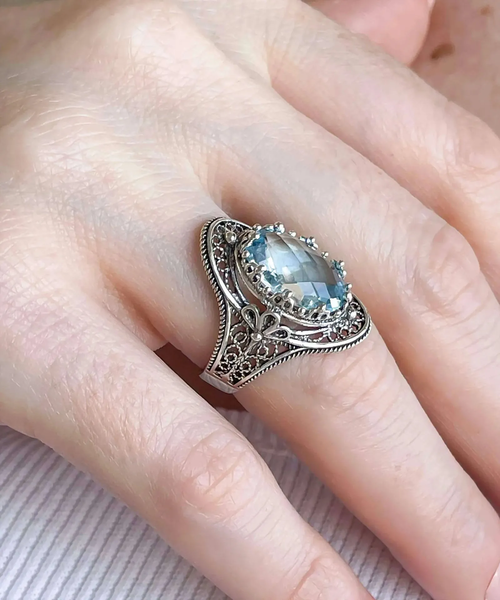 Blue Topaz Gemstone Filigree Art Woman Silver Statement Ring