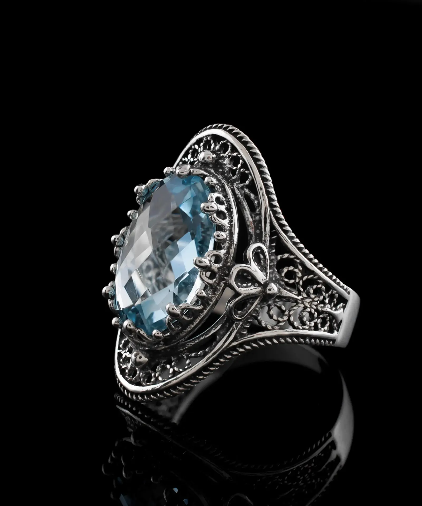 Blue Topaz Gemstone Filigree Art Woman Silver Statement Ring