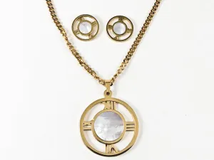 Classic Large Round Center Mother Of Pearl Open Roman Numeral Necklace Earring Steel Set