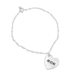 Crane "Mom" Engraved Heart 925 Sterling Silver Engraved Charm Bracelet