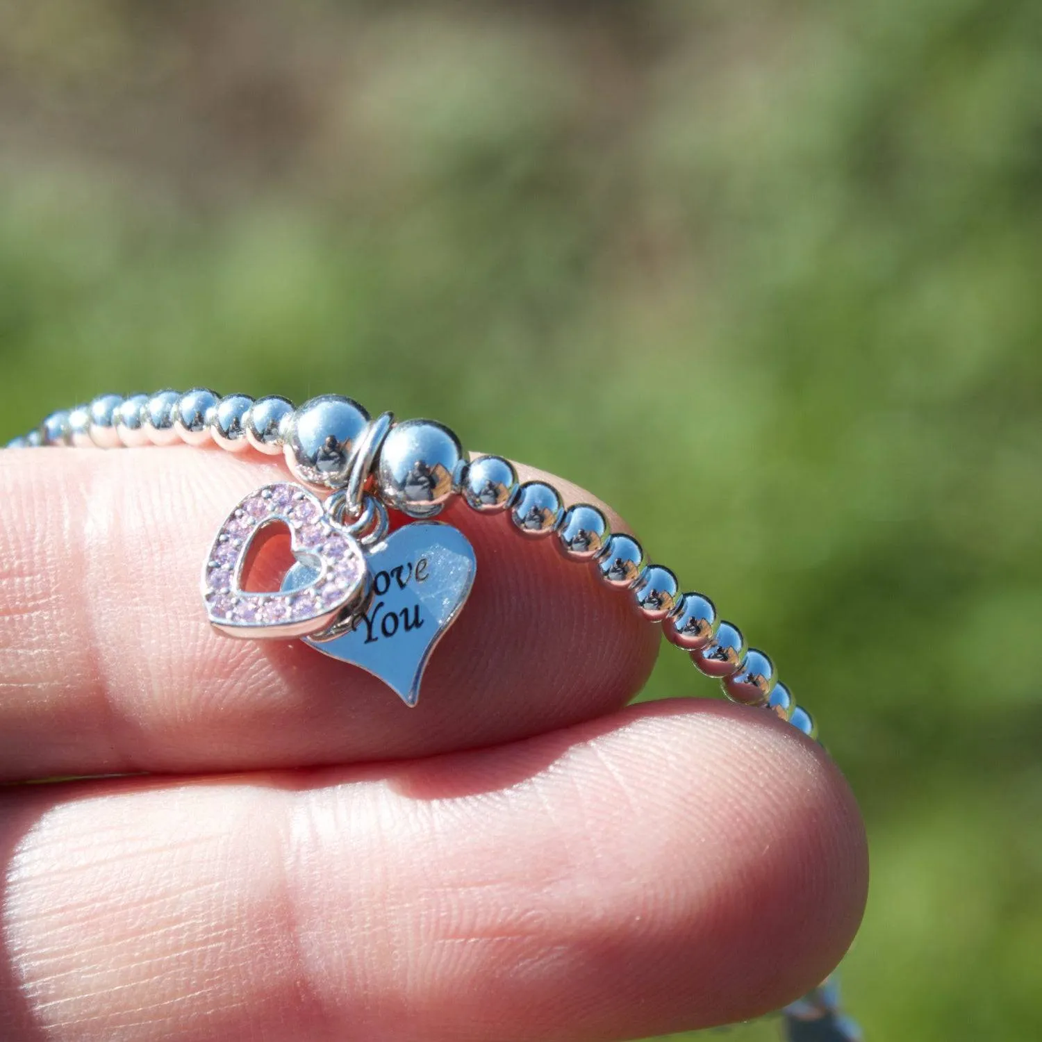 Crystal Double Heart on Silver Ball Bead Bracelet