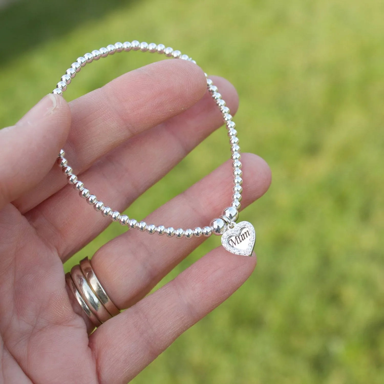 Crystal Double Heart on Silver Ball Bead Bracelet