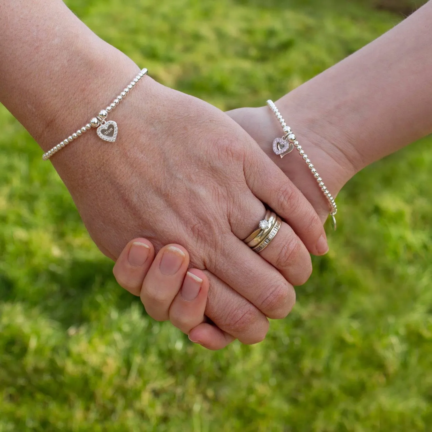 Crystal Double Heart on Silver Ball Bead Bracelet