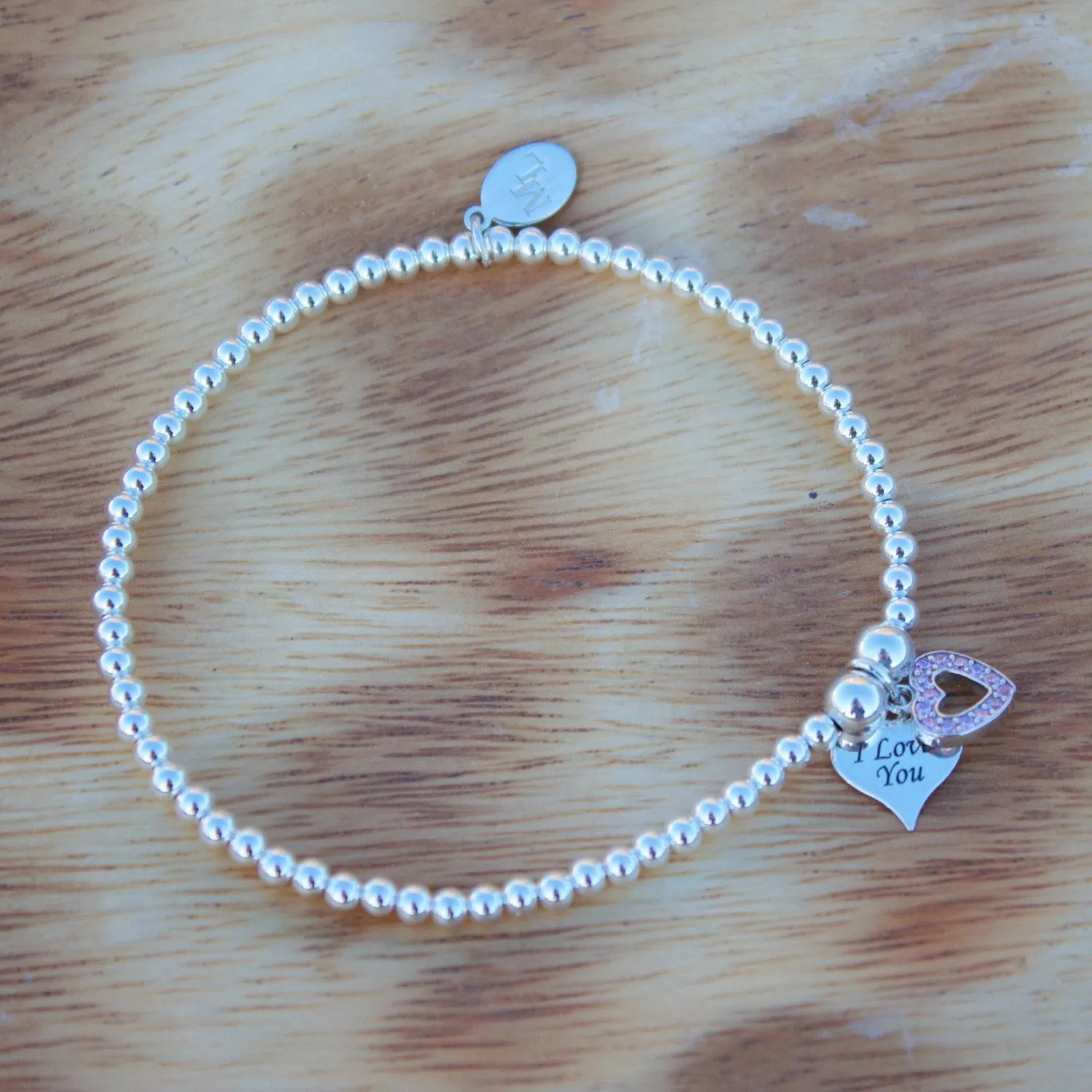 Crystal Double Heart on Silver Ball Bead Bracelet