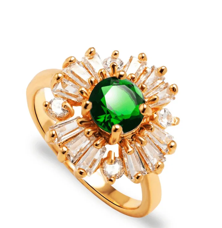 Crystal Garden CZ Flower 18K Gold Plated Cocktail Ring for Women Emerald Green or Sapphire Blue Color Choice