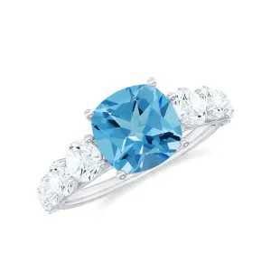 Cushion Cut Swiss Blue Topaz Solitaire and Moissanite Side Stone Engagement Ring