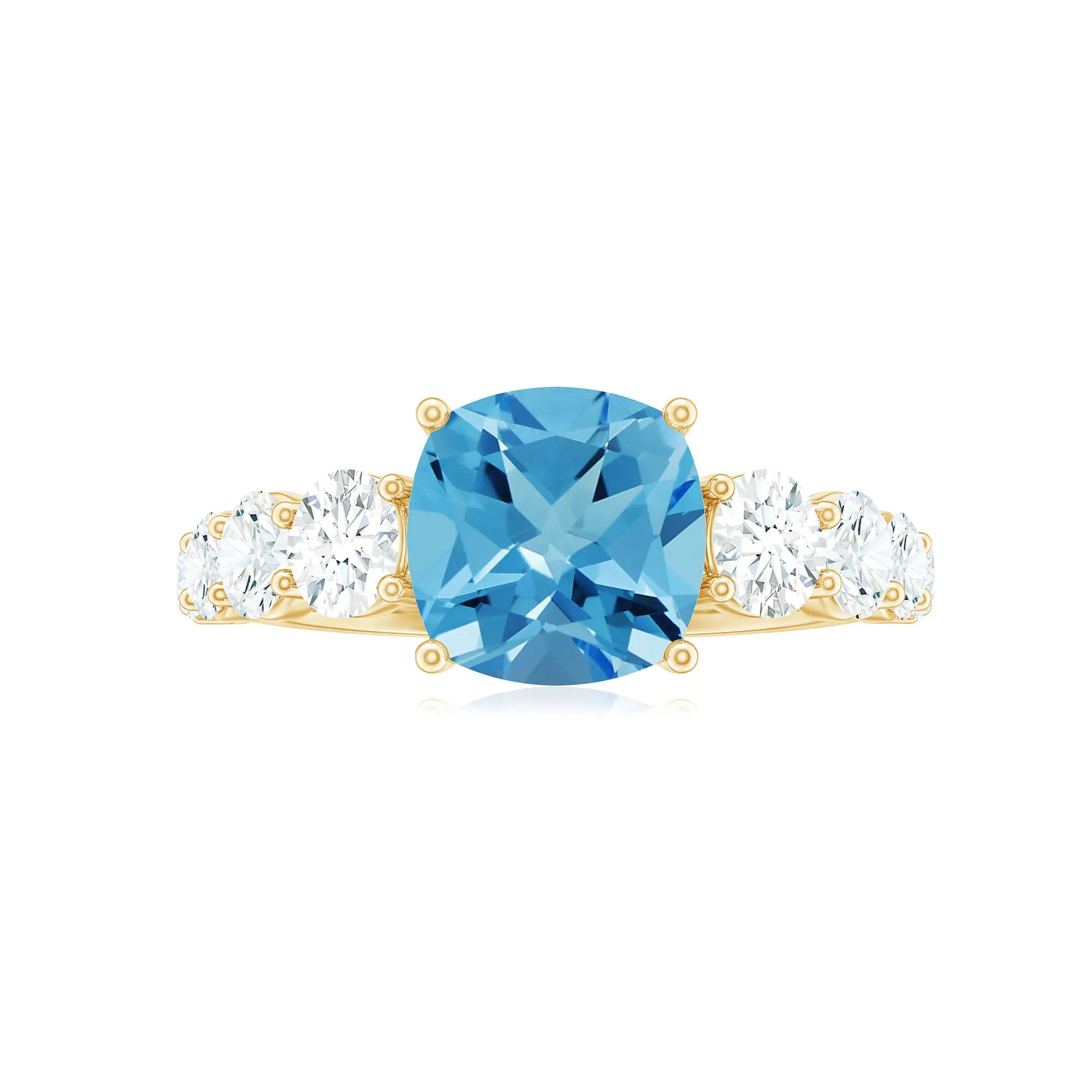 Cushion Cut Swiss Blue Topaz Solitaire and Moissanite Side Stone Engagement Ring