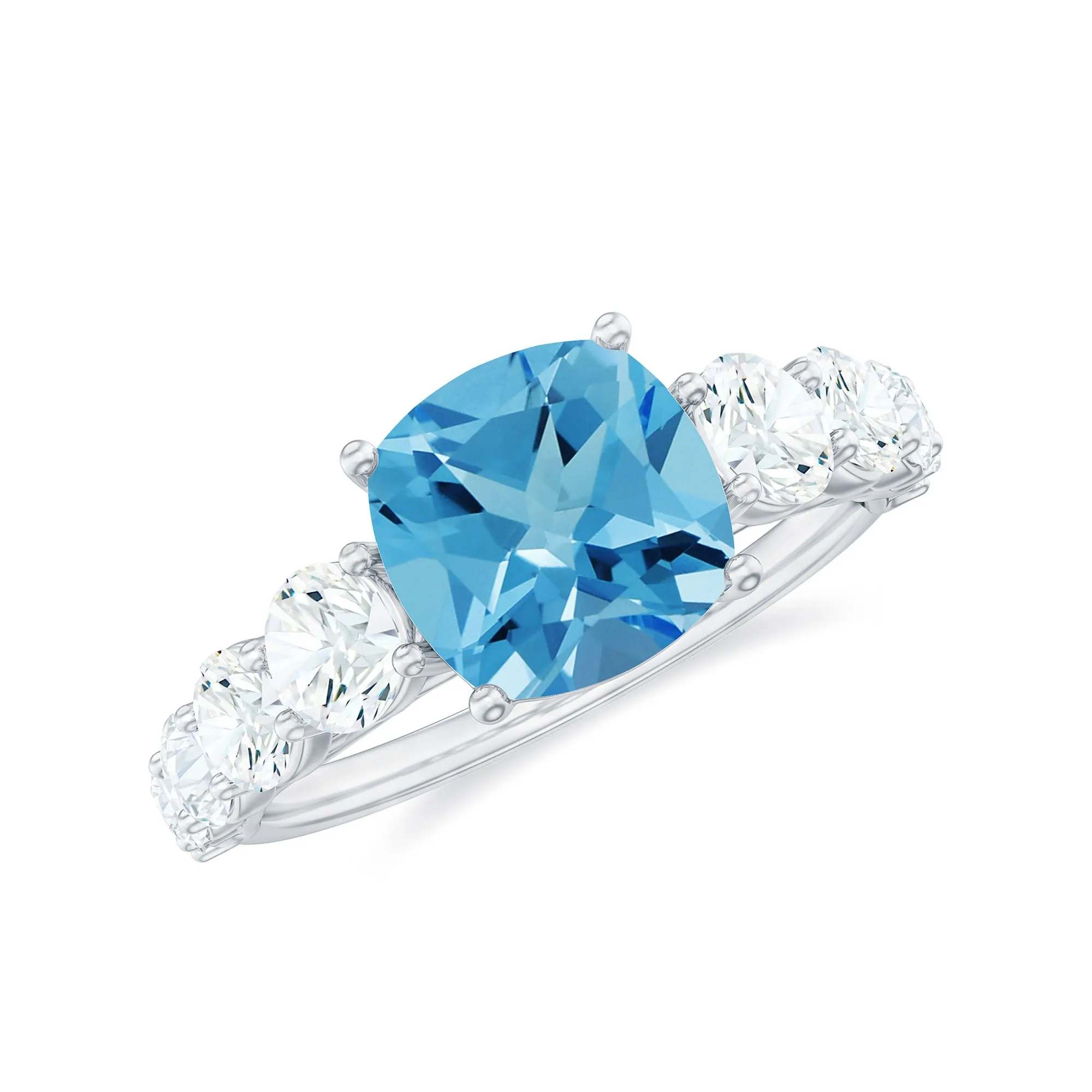 Cushion Cut Swiss Blue Topaz Solitaire and Moissanite Side Stone Engagement Ring