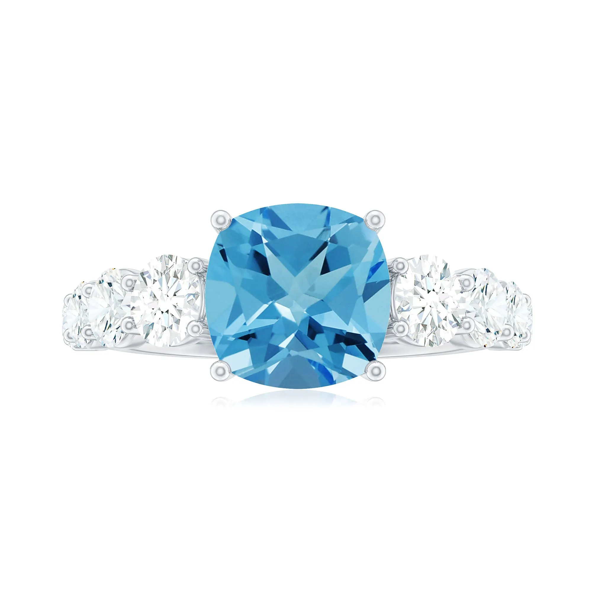 Cushion Cut Swiss Blue Topaz Solitaire and Moissanite Side Stone Engagement Ring