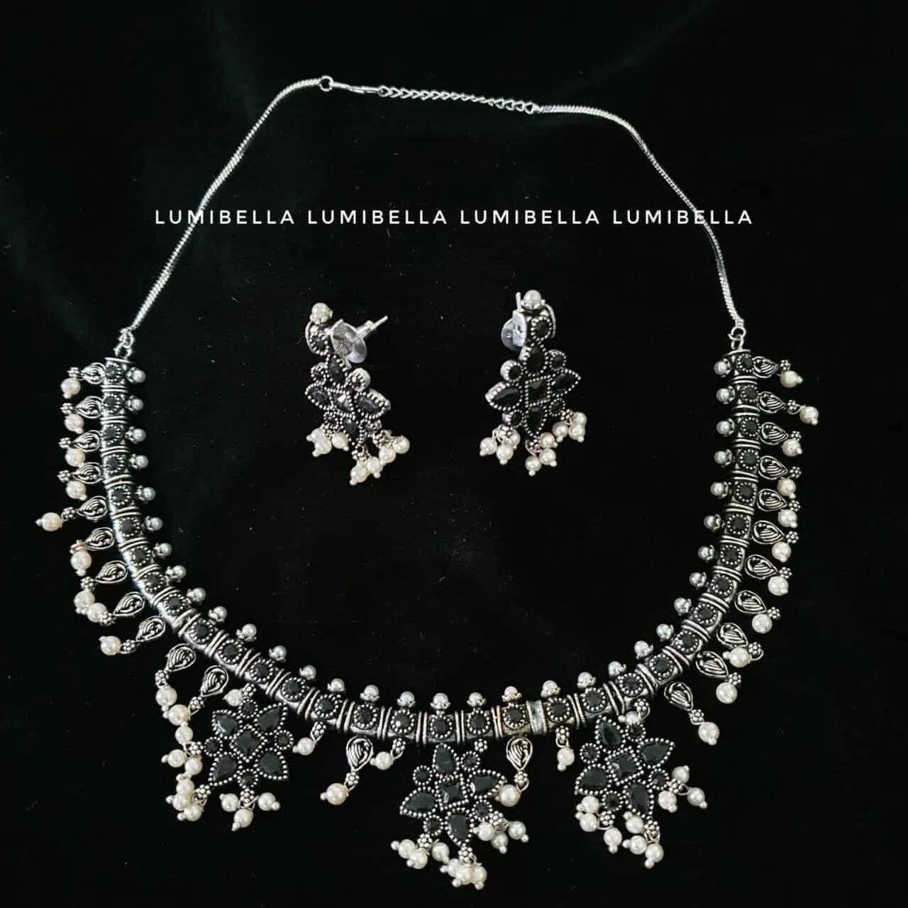 Daily wear oxidised neckset with black stone embellishment