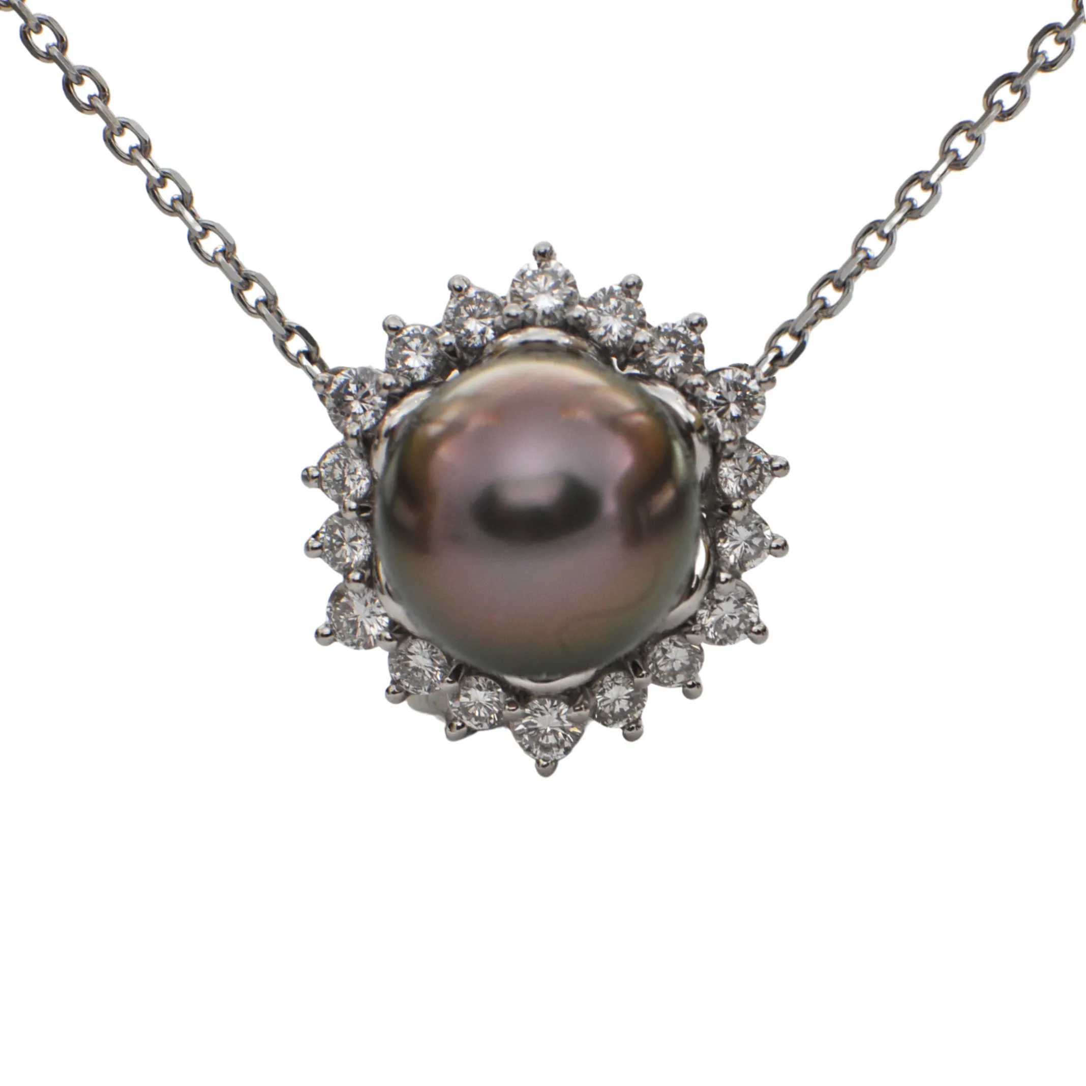 Daisy Exclusive Peacock color Tahitian Pearl and Diamond Platinum Necklace