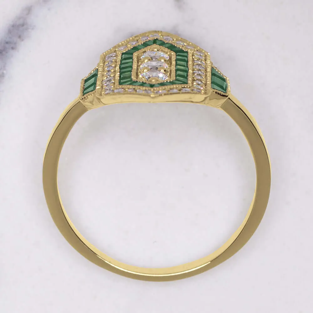 DIAMOND EMERALD VINTAGE STYLE RING ART DECO YELLOW GOLD COCKTAIL ANTIQUE NATURAL