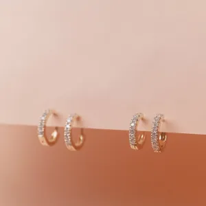 Diamond Huggie Hoop Earrings, Solid 14k Gold, Single / Pair