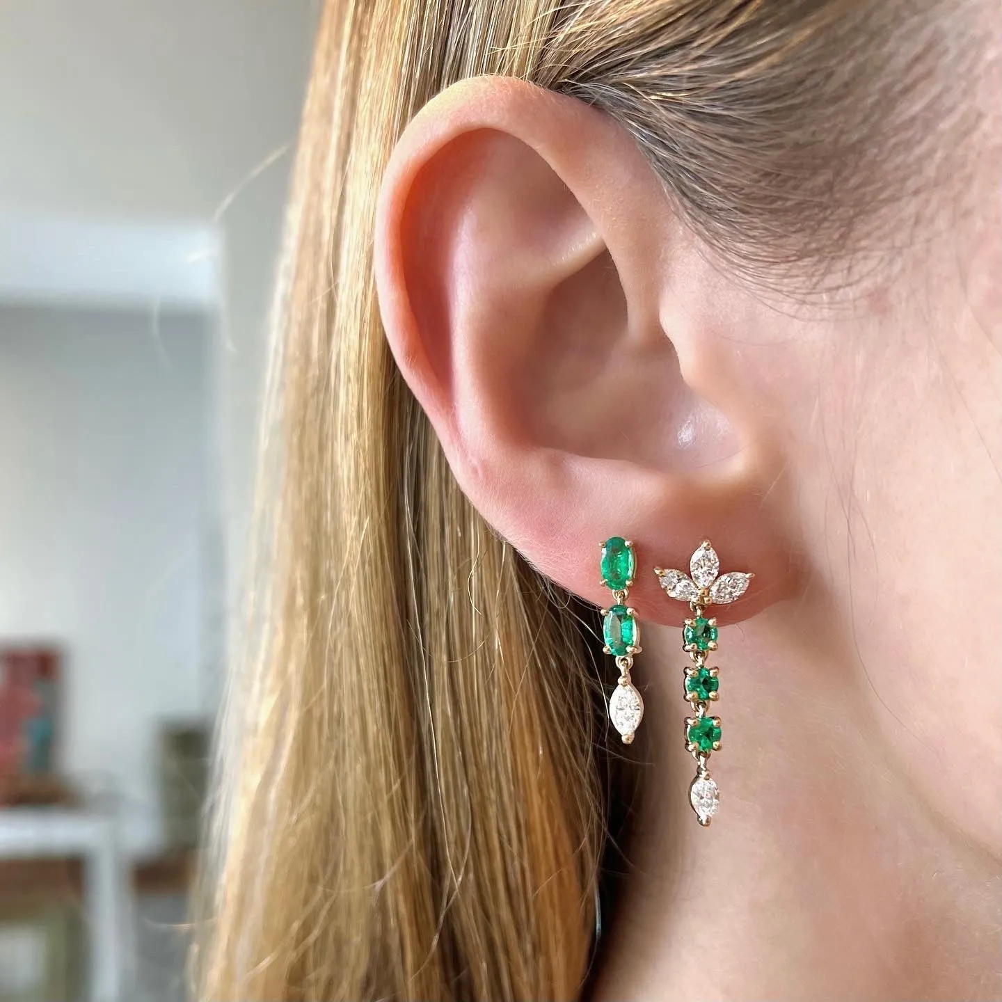 Diamond Marquise Trio with Emerald Dangle Earrings