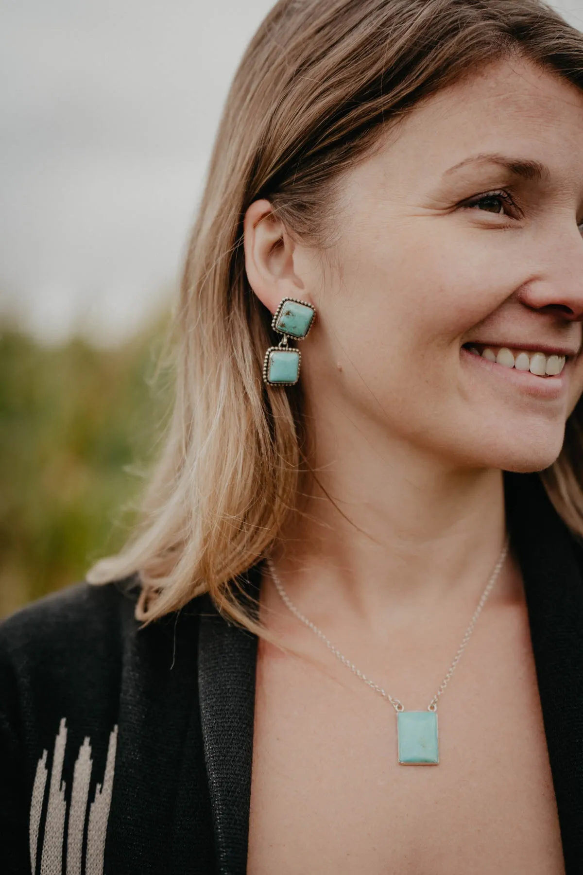 Double Turquoise Stud Earrings with Beaded Border