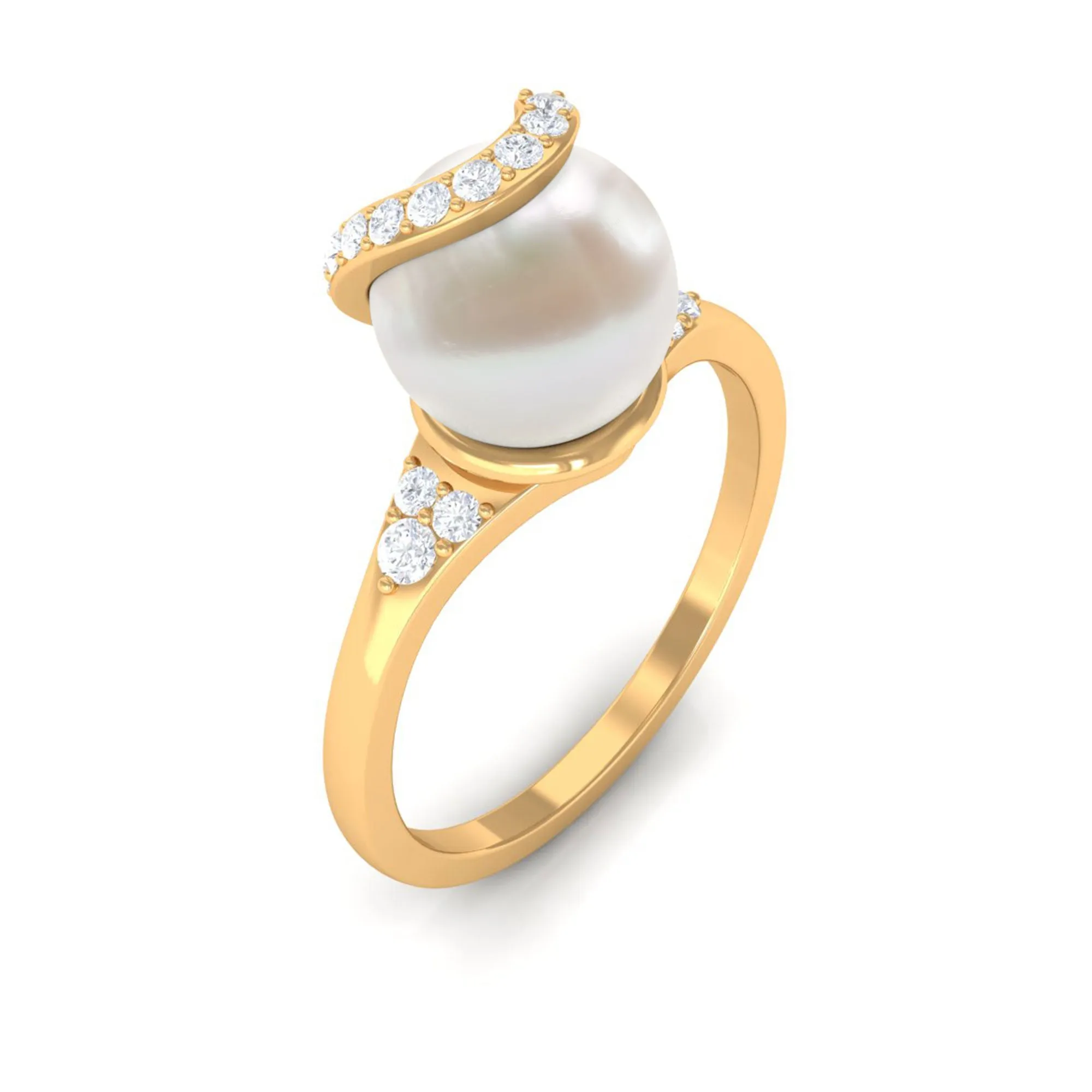 Elegant Freshwater Pearl Solitaire Ring with Diamond Trio