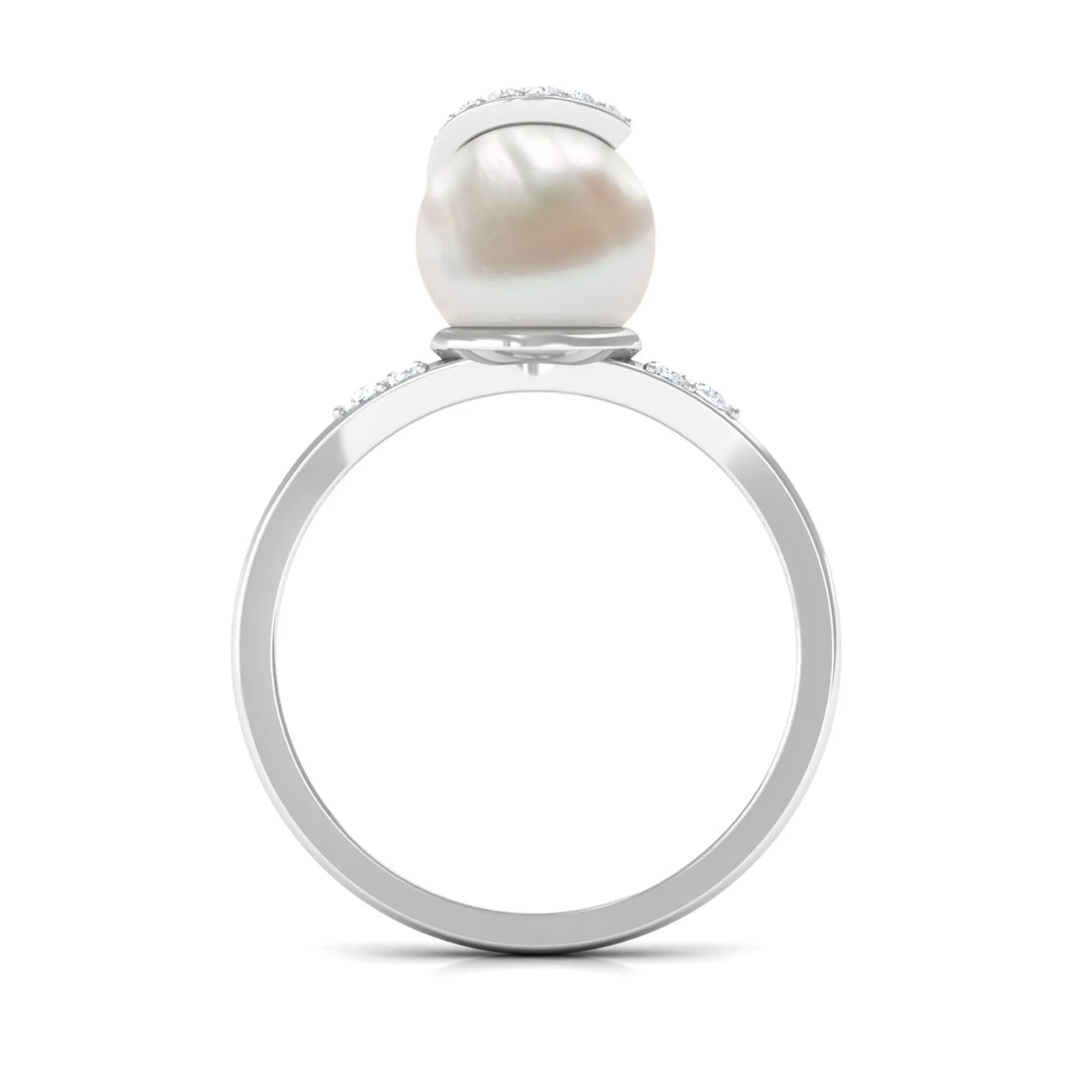 Elegant Freshwater Pearl Solitaire Ring with Diamond Trio