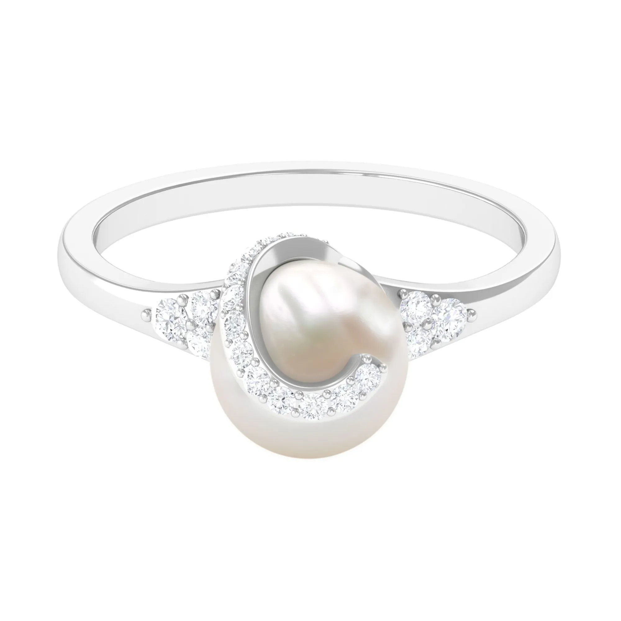 Elegant Freshwater Pearl Solitaire Ring with Diamond Trio