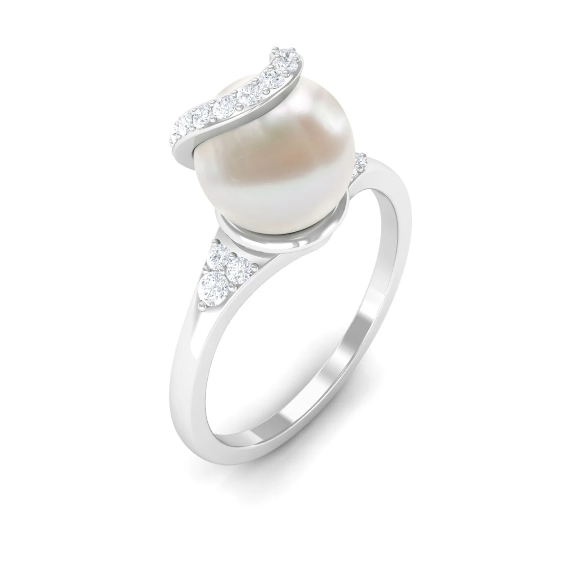 Elegant Freshwater Pearl Solitaire Ring with Diamond Trio