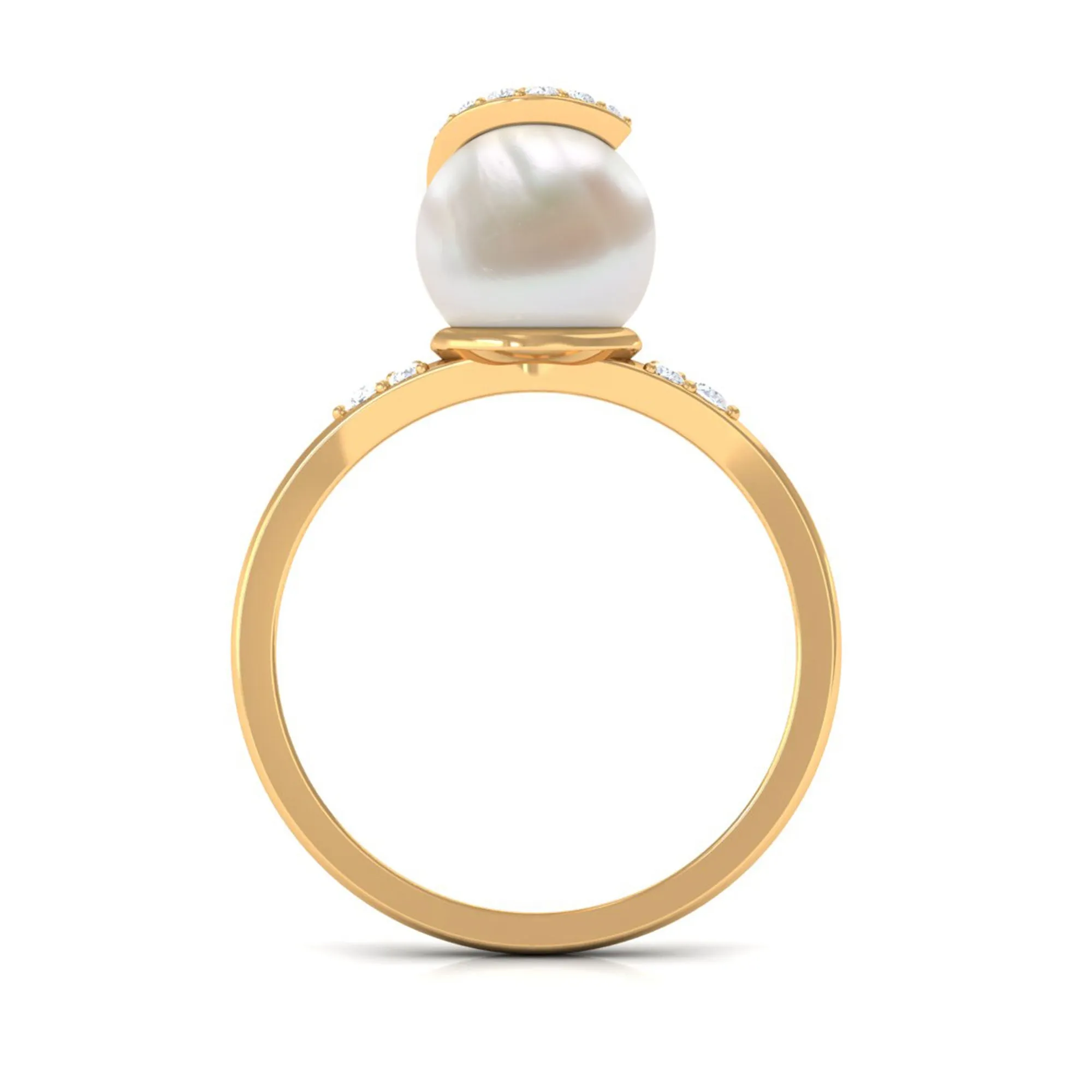 Elegant Freshwater Pearl Solitaire Ring with Diamond Trio