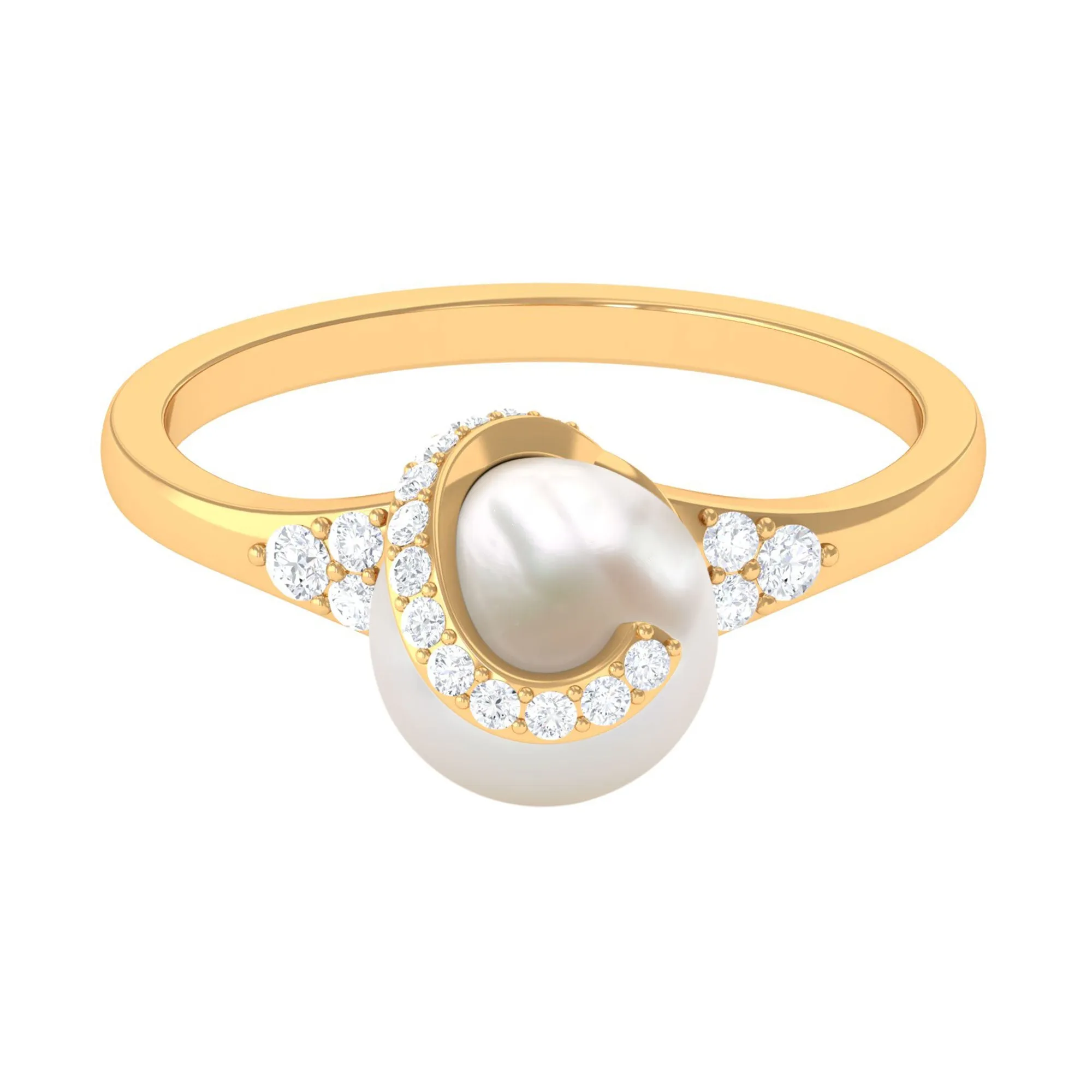 Elegant Freshwater Pearl Solitaire Ring with Diamond Trio