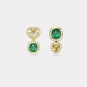 Emerald and Yellow Sapphire Double Stone Heirloom Bezel Earrings