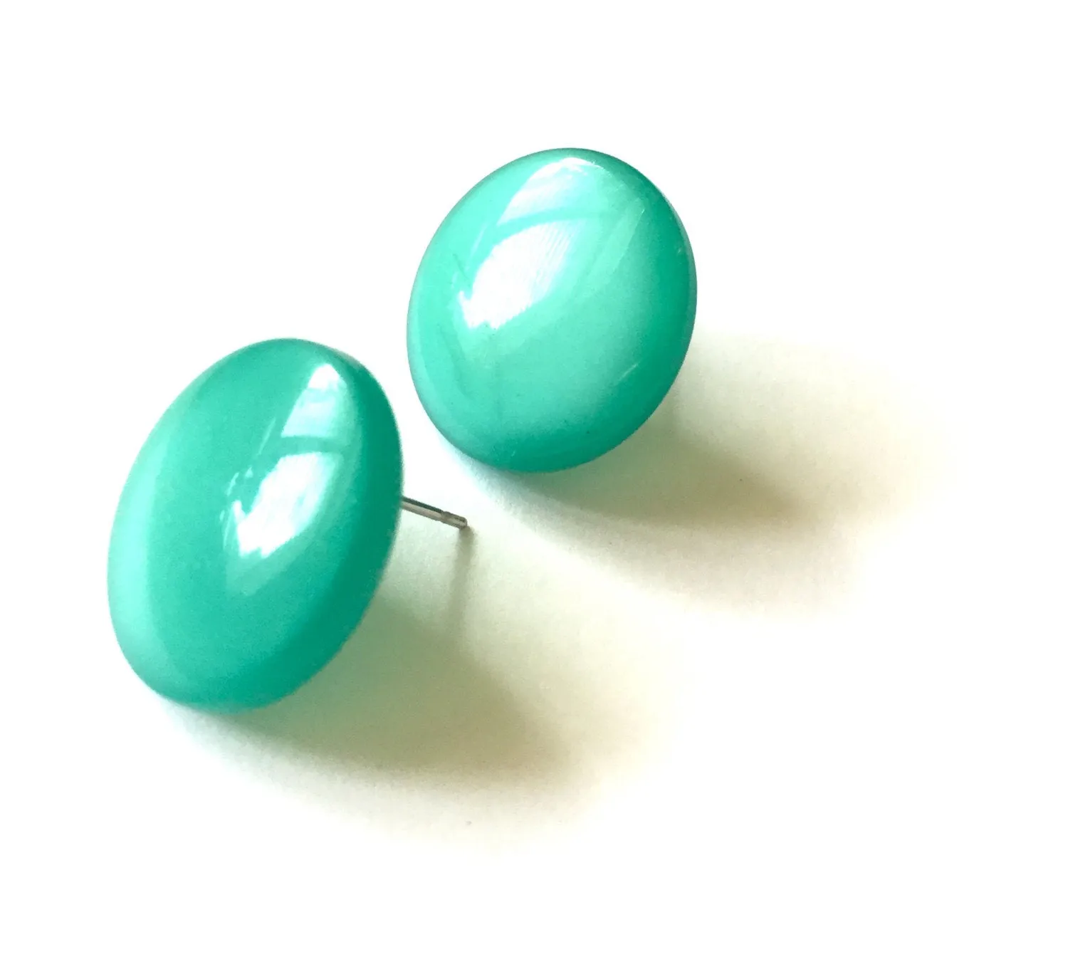 Emerald Green Moonglow Beveled Disc Stud Earrings