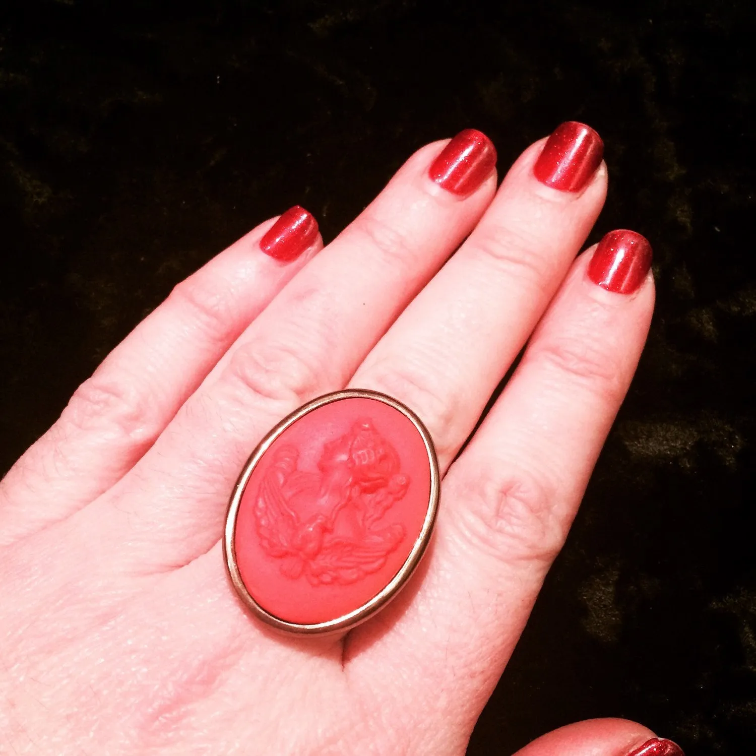 Extasia Cameo Ring Coral German Glass Bronze