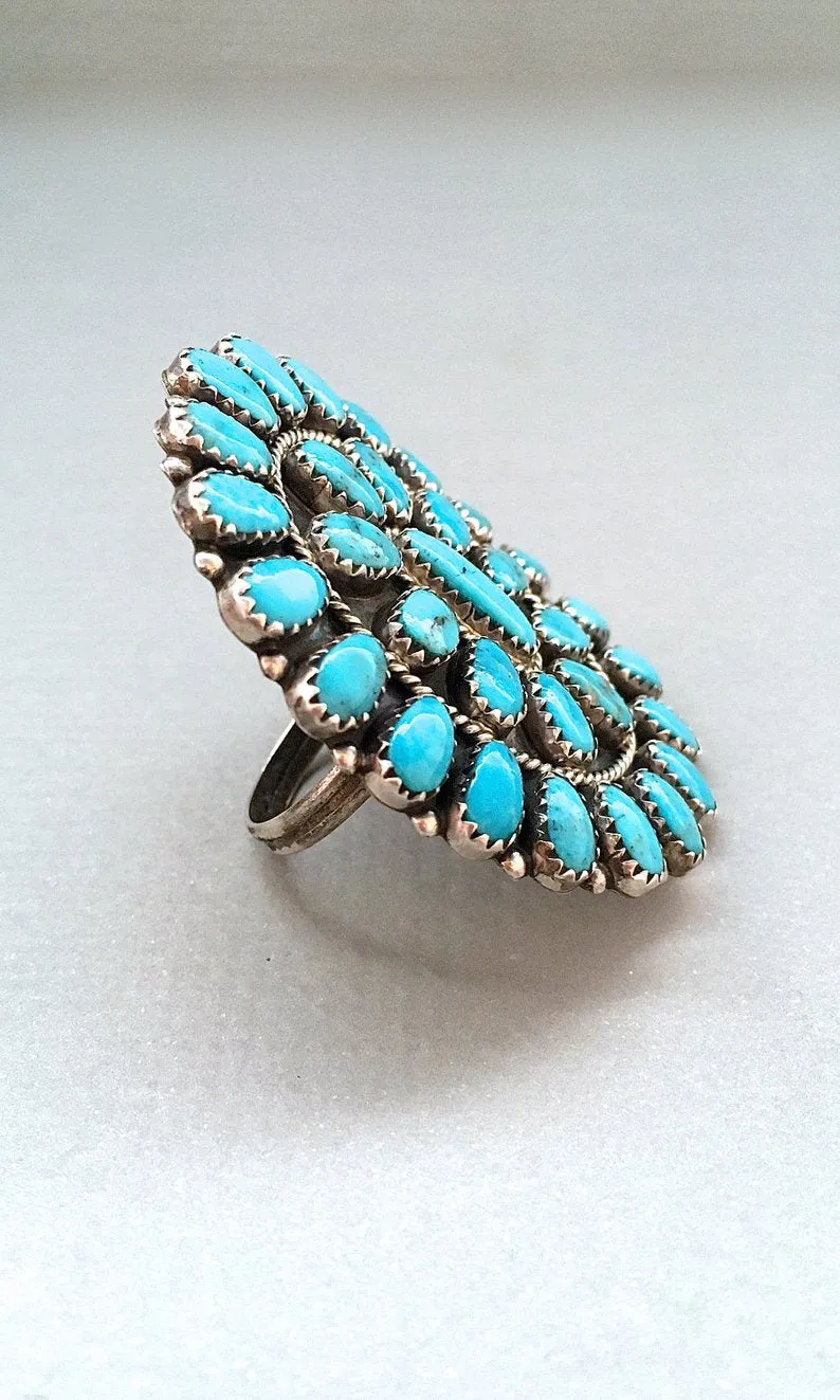 FASHION STATEMENT Large Needle Point Silver & Turquoise Ring by Bobby Becenti, Sz 10