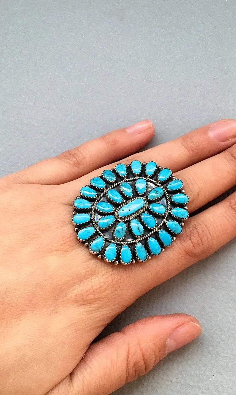 FASHION STATEMENT Large Needle Point Silver & Turquoise Ring by Bobby Becenti, Sz 10