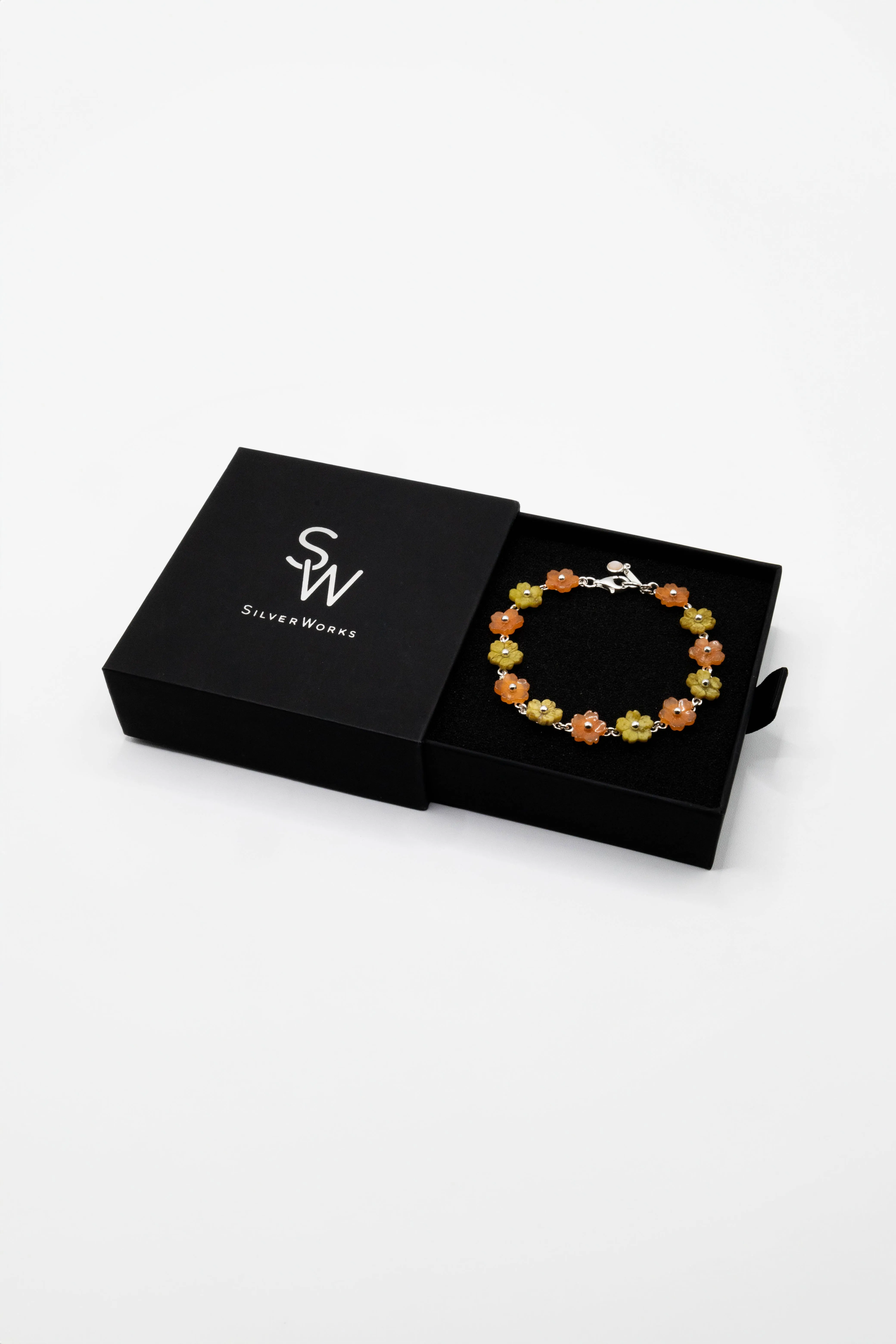 Flower in Orange and Avocado 925 Sterling Silver Bracelet