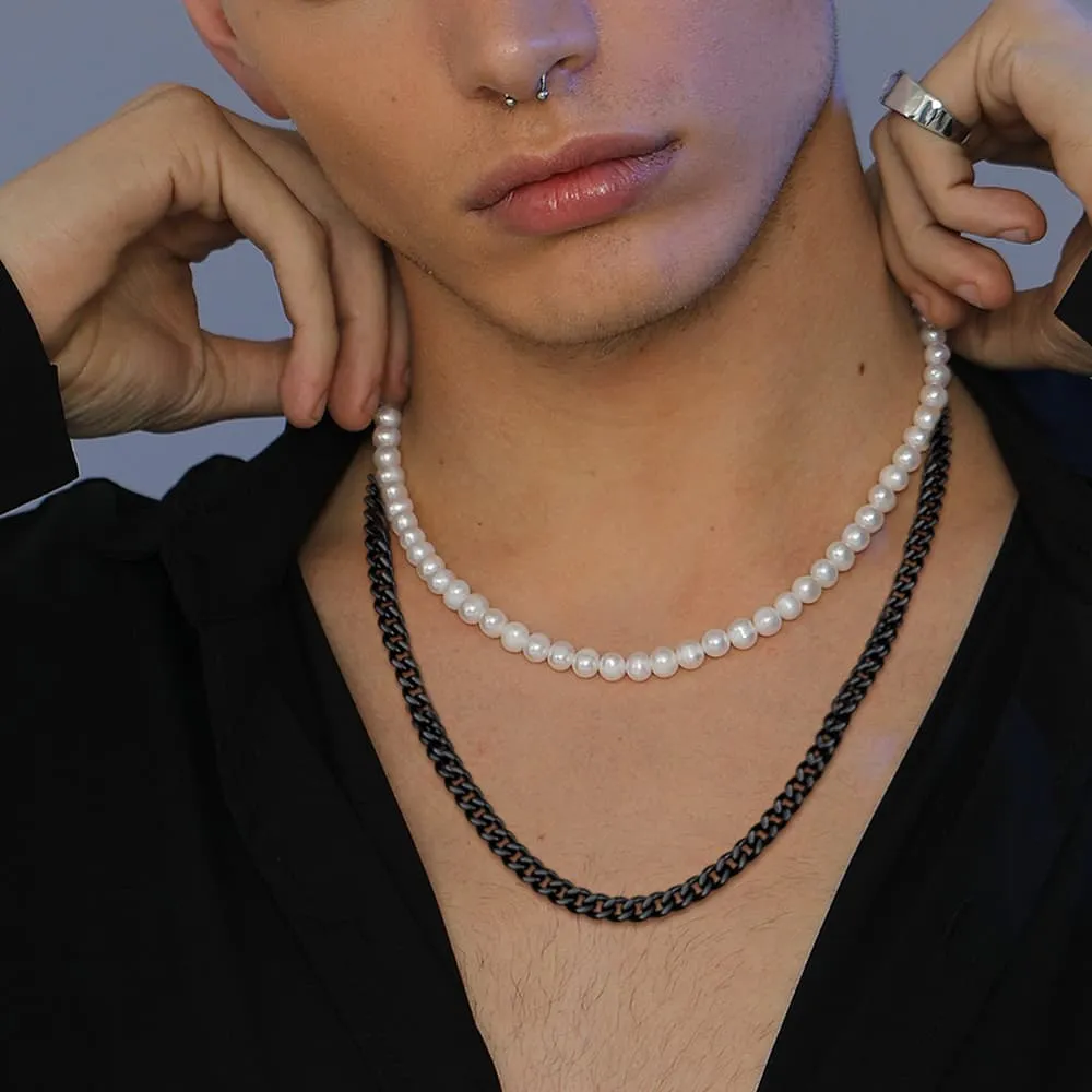 Freshwater Pearl And Cuban Link Chain Necklace For Men