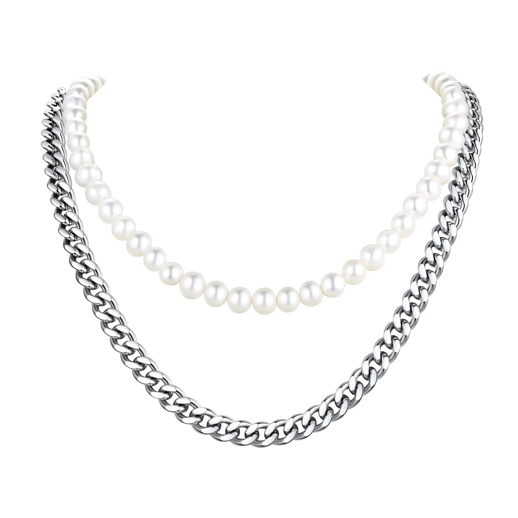 Freshwater Pearl And Cuban Link Chain Necklace For Men