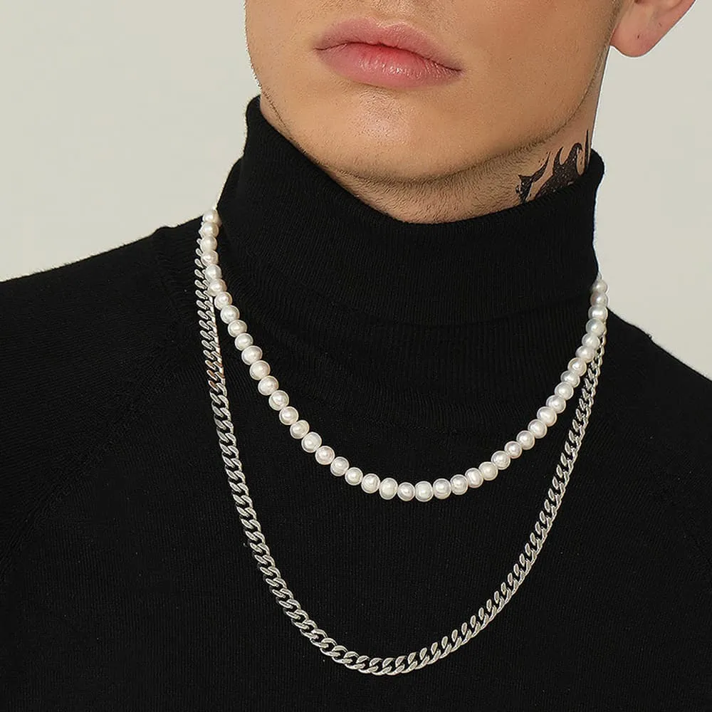 Freshwater Pearl And Cuban Link Chain Necklace For Men