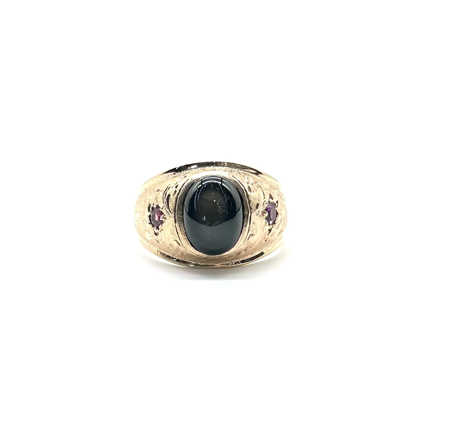 Gents Vintage Etched Rose Gold Ring with Black Moonstone and Rubies