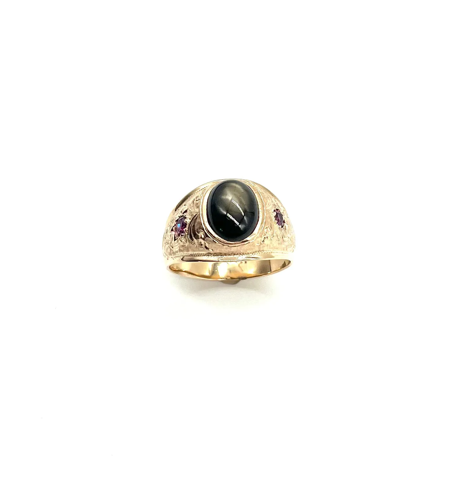 Gents Vintage Etched Rose Gold Ring with Black Moonstone and Rubies