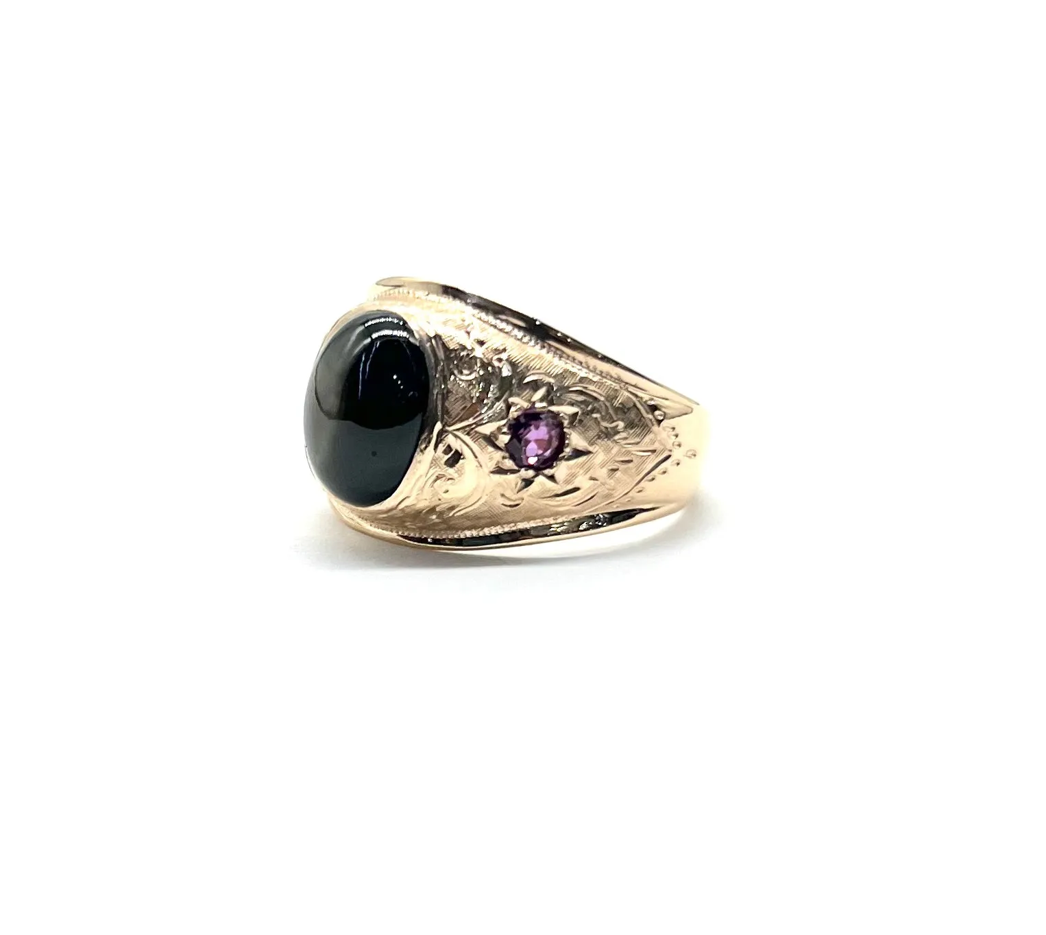 Gents Vintage Etched Rose Gold Ring with Black Moonstone and Rubies